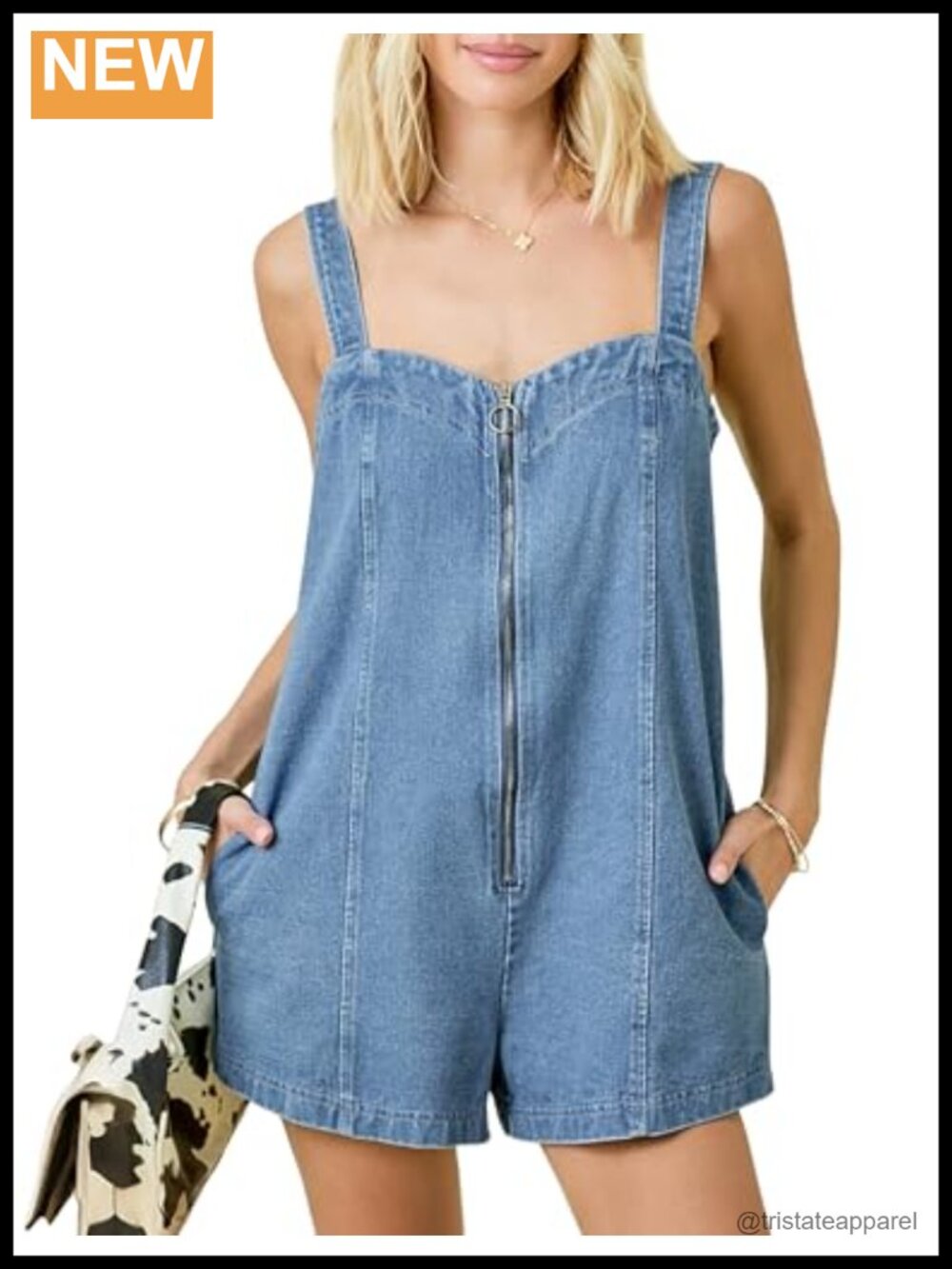 Women's Denim Romper Zip-Front Overalls Shorts with Pockets Adjustable Straps